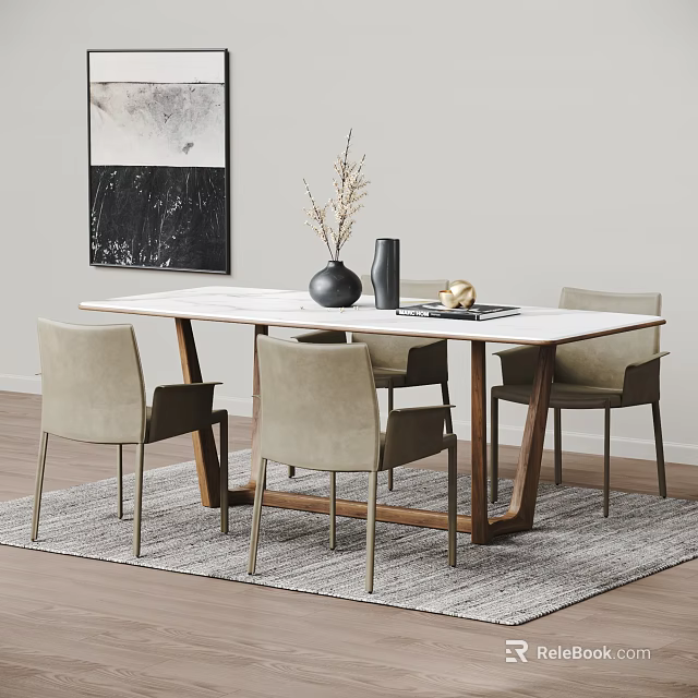 Modern Dining Table Set With White Tabletop Wooden Legs And Light Gray Chairs 3d model