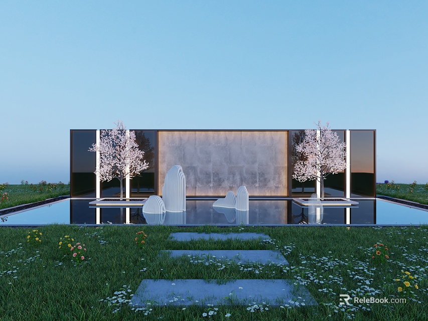 Landscape Wall with Waterfall Two White Trees Reflective Pool Stone Steps Grass Flowers Blue Sky 3d model 