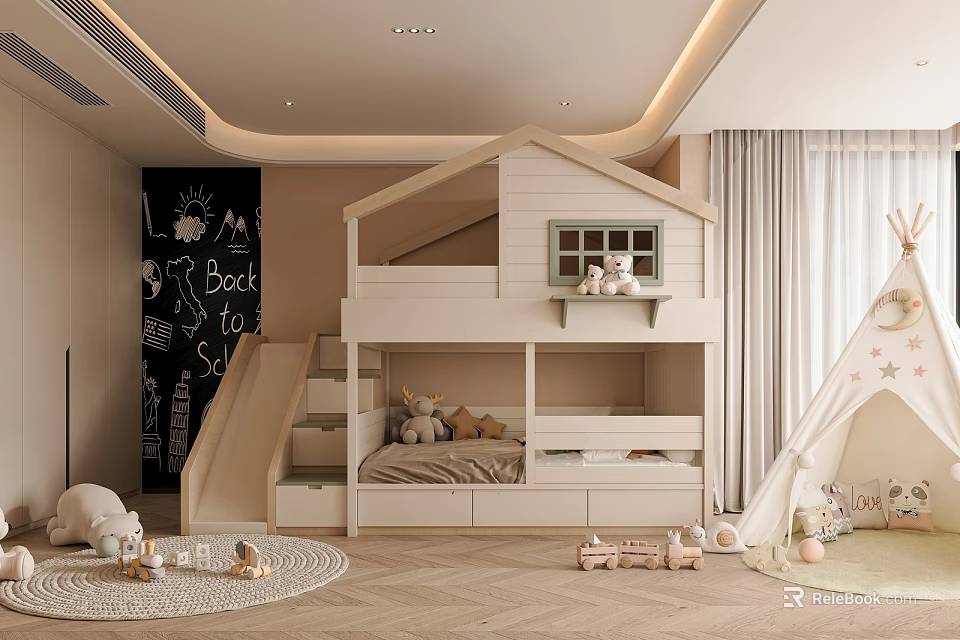 Cozy Kids Room Interior Design With Bunk Bed Slide Chalkboard Wall And Play Tent 3d model 