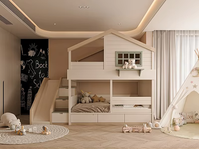 Cozy Kids Room Interior Design With Bunk Bed Slide Chalkboard Wall And Play Tent 3d model