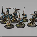 Painted Blue Warrior Figures Holding Axes And Spears On Bases