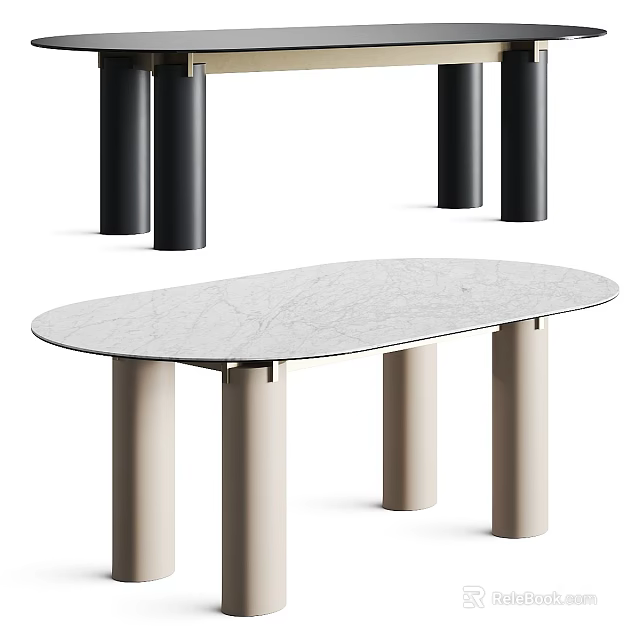 Minimalist Oval Dining Table with White Marble Top and Beige Legs 3d model