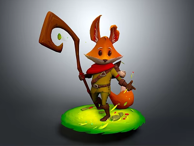 Fantasy Fox With Red Scarf Holding Wooden Staff Standing In Green Grass And Small Flowers 3d model