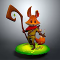 Fantasy Fox With Red Scarf Holding Wooden Staff Standing In Green Grass And Small Flowers
