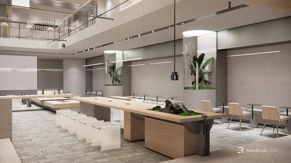 Modern Public Office Space With Long Wooden Table White Stools Green Plants And Pendant Lights 3d model 