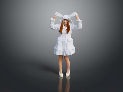 Woman In White Rabbit Costume With Long Red Hair And Rabbit Ears On Gray Background 3d model