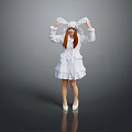 Woman In White Rabbit Costume With Long Red Hair And Rabbit Ears On Gray Background