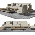 Minimalist Beige Sofa Coffee Table Set With Decorative Pillows Gray Rug And Wooden Ottoman