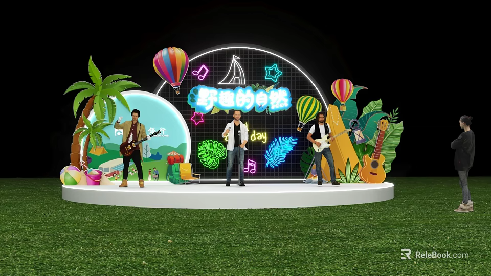Vibrant Stage with Performers Guitars Hot Air Balloons Palm Trees Neon Lights and Music Notes 3d model 