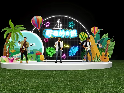 Vibrant Stage with Performers Guitars Hot Air Balloons Palm Trees Neon Lights and Music Notes 3d model