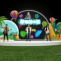 Vibrant Stage with Performers Guitars Hot Air Balloons Palm Trees Neon Lights and Music Notes