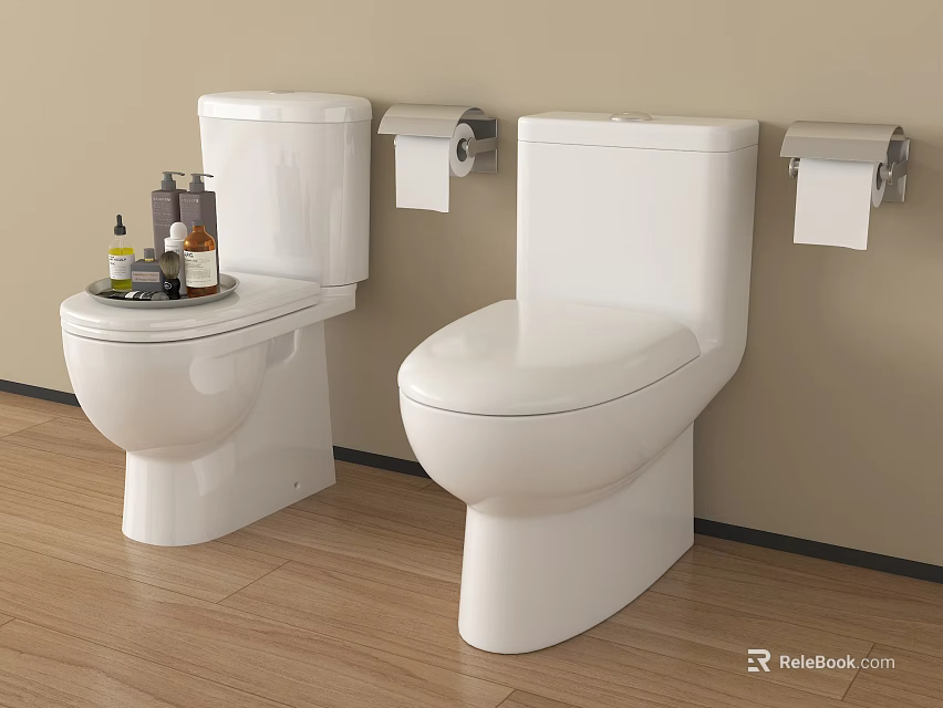 Two White Toilets With Toilet Paper Holders And Toiletries On Tank Wooden Floor Light Wall 3d model 