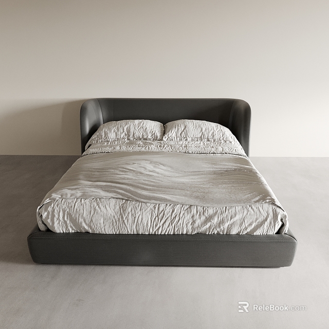 Double Bed With Dark Gray Leather Headboard And Light Gray Bedding Modern Minimalist Design 3d model 