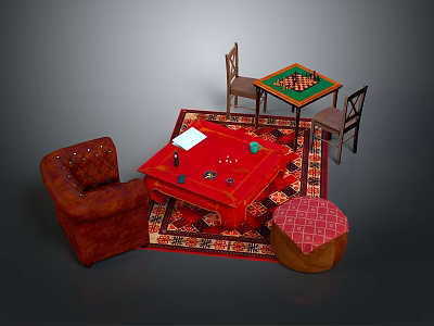 Cozy Living Setup With Red Sofa Red Coffee Table Checkerboard Table Chairs Rug And Stool 3d model