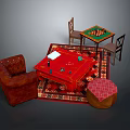 Cozy Living Setup With Red Sofa Red Coffee Table Checkerboard Table Chairs Rug And Stool