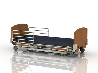 Modern Hospital Ward Bed With Wooden Headboard Metal Rails And Blue Mattress 3d model