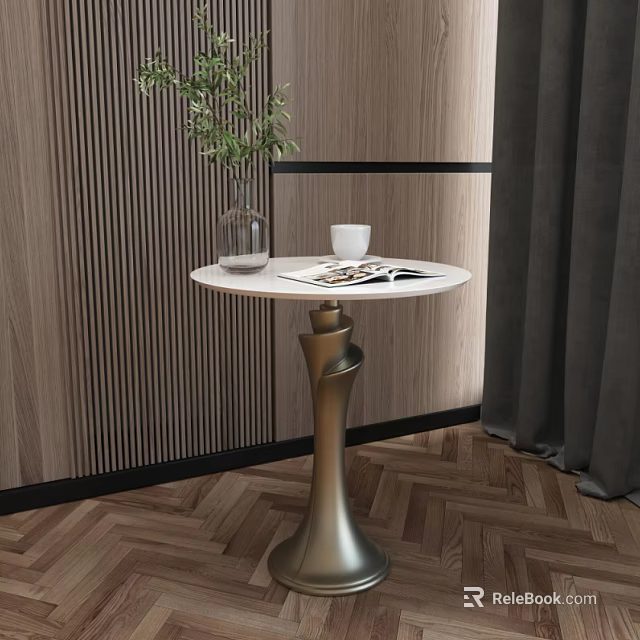 Round Side Table With White Tabletop Spiral Metal Base Vase Plant Magazine And Herringbone Floor 3d model 