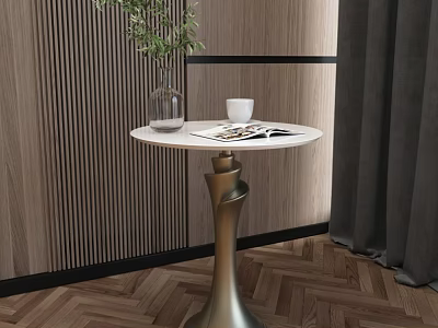 Round Side Table With White Tabletop Spiral Metal Base Vase Plant Magazine And Herringbone Floor 3d model