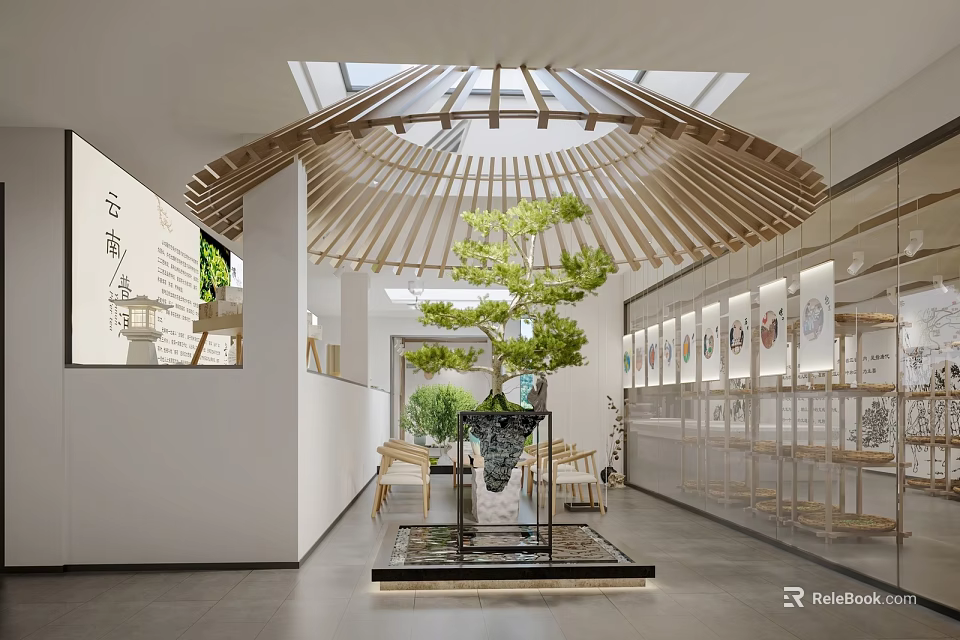 Traditional Exhibition Hall Interior Design With Wooden Roof Skylight And Green Plant 3d model 