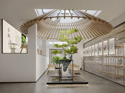 Traditional Exhibition Hall Interior Design With Wooden Roof Skylight And Green Plant 3d model