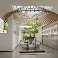 Traditional Exhibition Hall Interior Design With Wooden Roof Skylight And Green Plant