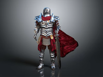 Shiny Metallic Sword Held By Medieval Knight Wearing Armor With Red Cape 3d model