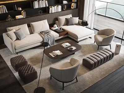 Elegant Modern Sofa And Coffee Table Set With Armchairs Ottoman And Rug 3d model