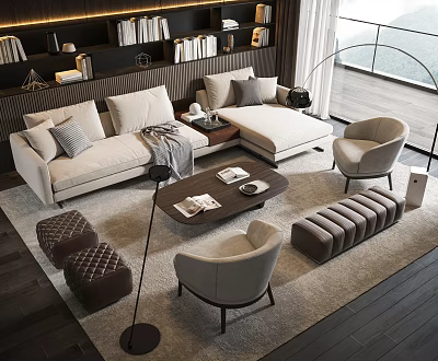 Elegant Modern Sofa And Coffee Table Set With Armchairs Ottoman And Rug 3d model