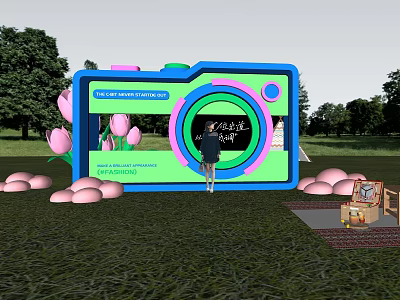 Camera Shaped Outdoor Photo Check in Spot With Pink Tulips Colorful Spring Decorations 3d model