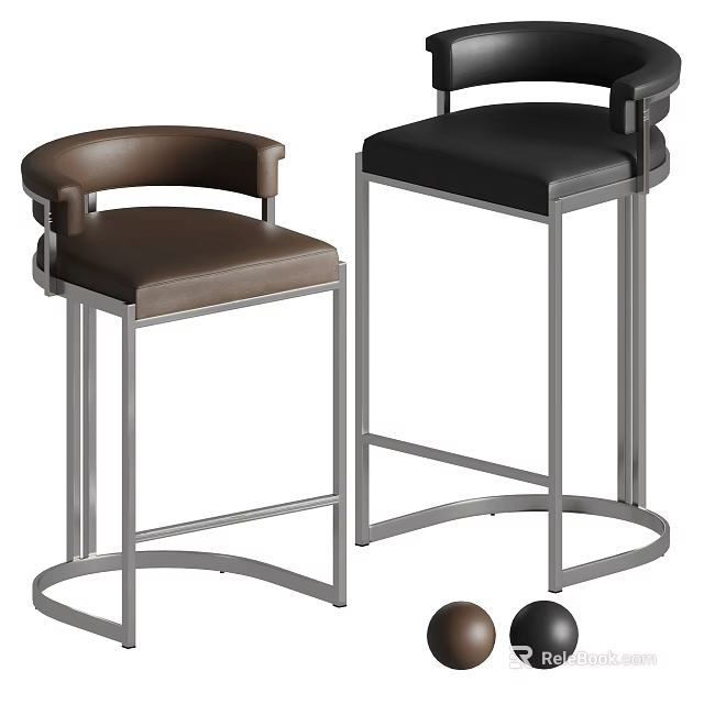 Modern Leather Bar Stools With Brown Black Metal Frame Design 3d model