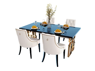 Elegant Dining Table Set With Blue Glass Top White Chairs And Flower Vase 3d model