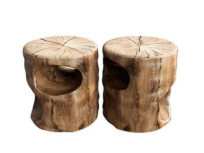 Two Rustic Wooden Tree Stump Shaped Stools With Natural Texture And Holes 3d model