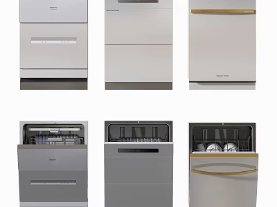 Stylish Kitchen Dishwashers In Modern Designs With Silver White And Gold Trim Features 3d model