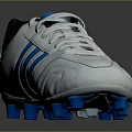 White Perforated Soccer Shoes with Blue Stripes Black Heel and Blue Cleats Athletic Design
