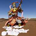 Armored Game Movie Character With Lute Flowing Ribbons On Cloud In Desert Blue Sky