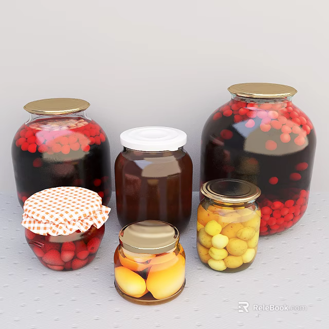 Ceramic Jars with Berries Fruits and Preserves in Various Lid Styles 3d model 