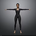 Woman in Black Bodysuit with Arms Outstretched Standing Barefoot Against Gray Background