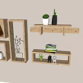 Wooden Wall Shelves with Books Potted Plants Decor Items and Figurines on Gray Wall