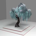 Ornamental Arbor With Drooping Silver Blue Leaves And Dark Trunk On White Platform