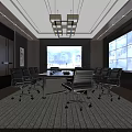 Modern Monitoring Room Interior With Multiple Large Screens Conference Table And Black Chairs