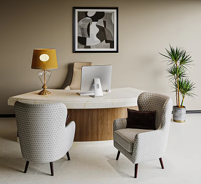 Modern Desk With Two Patterned Chairs Laptop Yellow Lamp Potted Palm Plant And Abstract Artwork 3d model