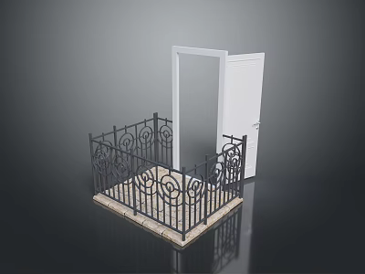 Scenic Landscape View Through Open White Door With Black Iron Railing And Light Stone Floor 3d model