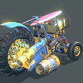 Yellow And Blue Modified Off Road Vehicle With Large Tires Front Scoop And Coil Springs