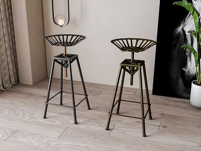 Stylish Black And Bronze Metal Bar Stools With Perforated Backrest In Wooden Floor Interior 3d model