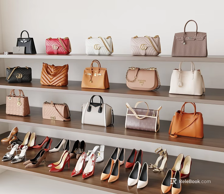 Fashionable Handbags and High Heels Arranged on Wooden Shelves 3d model 