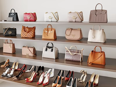 Fashionable Handbags and High Heels Arranged on Wooden Shelves 3d model