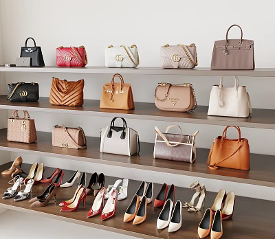 Fashionable Handbags and High Heels Arranged on Wooden Shelves 3d model