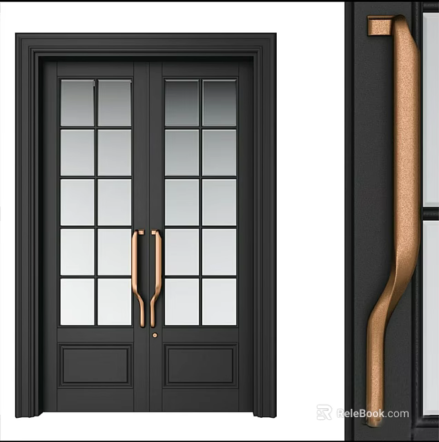 Modern Black Double Doors With Glass Panels And Brass Handles Interior Design 3d model 