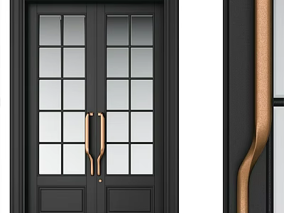 Modern Black Double Doors With Glass Panels And Brass Handles Interior Design 3d model