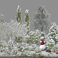 Snow Covered Trees With Different Varieties Bushes and Snowman in Winter Scene